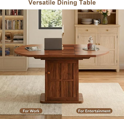 iPormis Round Dining Table for 4-6, 59'' Extendable Dining Room Kitchen Table with 2-Tier Storage Shelf, Wood Dinner Table with Door, Sturdy Pedestal Base, Space Saving, Kitchen, Dining, Walnut