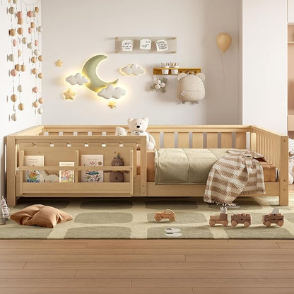 Bellemave Queen Size Floor Bed with Slats and Safety Guardrail, Queen Size Montessori Floor Bed with Fence and Built-in Bookshelf, Easy Assemble Montessori Beds for Girls, Boys, Light Natural