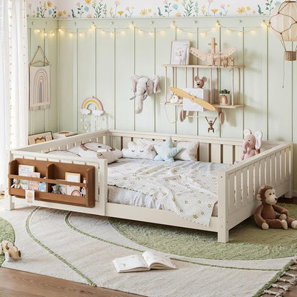 Bellemave Beige Light Natural Montessori Floor Bed with Fence and Slats, Queen Size Montessori Floor Bed with Bookcase and High Rails, Easy Assemble Bed Frame for Girls, Boys, Queen