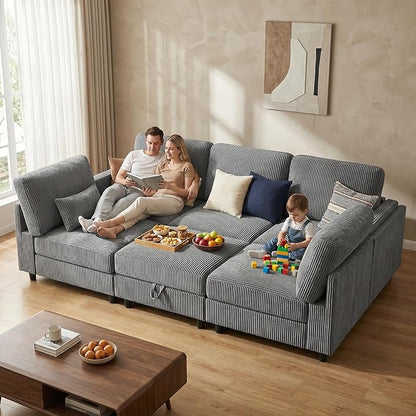 KKL Modular 83'' 6 Seater Sofa Bed - Sectional Sofa with Storage Ottoman, Convertible U/L -Shaped Sleeper Couch for Living Room, Modern Reversible Design, Grey