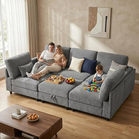 KKL Modular 83'' 6 Seater Sofa Bed - Sectional Sofa with Storage Ottoman, Convertible U/L -Shaped Sleeper Couch for Living Room, Modern Reversible Design, Grey