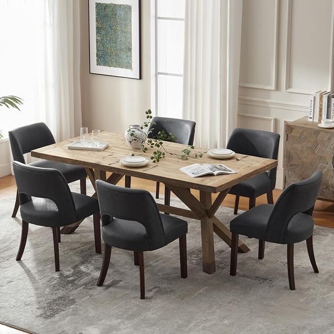 VKNOW Modern Dining Chairs Set of 6 with Rubberwood Legs, Black | Faux Leather, Curved Back, For family, Kitchen Dining Room Restaurant Reception Room, No wobble, 80% pre-installed