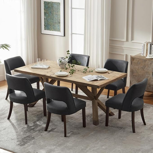 VKNOW Modern Dining Chairs Set of 6 with Rubberwood Legs, Black | Faux Leather, Curved Back, For family, Kitchen Dining Room Restaurant Reception Room, No wobble, 80% pre-installed