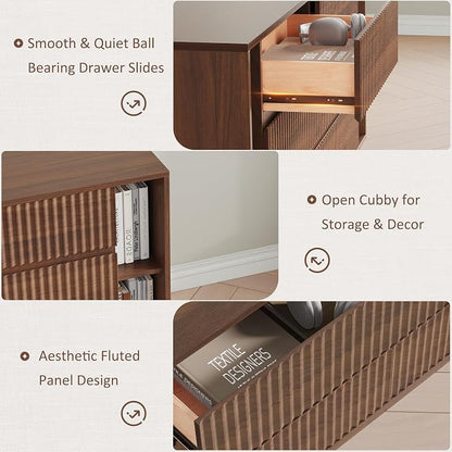 Whalefall 63 Inch Fluted 6 Drawers Dresser with Shelves, Walnut | Large Chest of Drawers for Bedroom, Mid Century Modern, Wood Closet Storage Organizer, Pedestal TV Stand for Living Room