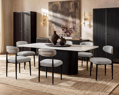 Morden Fort Marble Dining Table Set for 6, 70" Kitchen Table with White Rectangle Top and Black Fluted Base, 6 Modern Upholstered Chairs for Dining Room, Restaurant and Reception
