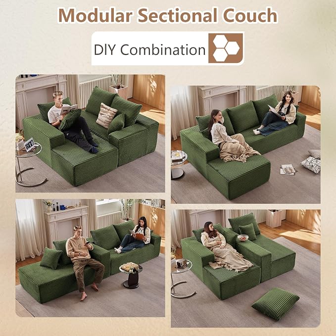 Sectional Couches for Living Room Cloud Couch Sofa with L-Shape Couch in a Box Upholstered Boneless Couchs Modern Modular Sectional Couch with Chaise (Green,B-3 Seater-Left-Facing Chaise-96 inch)