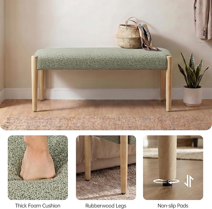 Usaint 42" End of Bed Bench, Modern Upholstered Bedroom Bench with Rubberwood Legs, Entryway Bench with Cushion, Dining Bench for Living Room, Bedroom, Green with Oak Leg