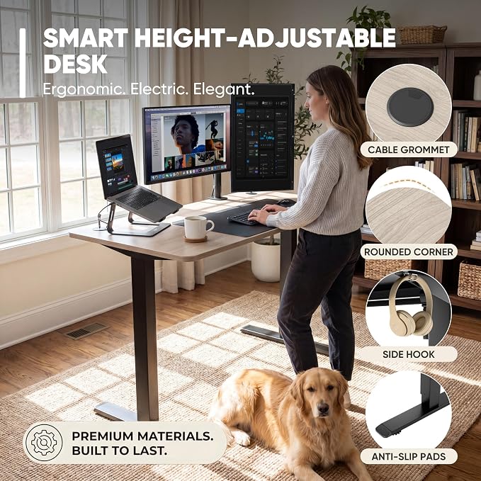 Furmax Electric Height Adjustable Standing Desk Large 48 x 24 Inches Sit Stand up Desk Home Office Computer Desk Memory Preset with T-Shaped Metal Bracket, Maple