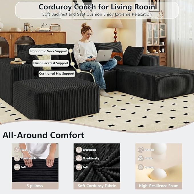 95" Cloud Sectional Couch U-Shaped Chaise with Ottoman, Corduroy Boneless Couch for Living Room Bedroom, Deep-Seat Upholstered Modular Cloud Sofa, No Assembly Required (Black, Right Facing Chaise)