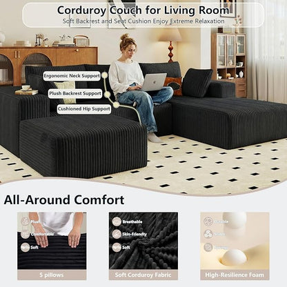 95" Cloud Sectional Couch U-Shaped Chaise with Ottoman, Corduroy Boneless Couch for Living Room Bedroom, Deep-Seat Upholstered Modular Cloud Sofa, No Assembly Required (Black, Right Facing Chaise)