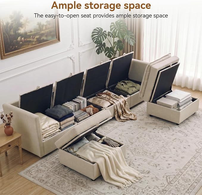 105" Beige Faux Leather Storage 4 Seater Sofa with 2 Ottomans, Comfy Couch | Convertible Modular Sectional Sofa, U Shaped Oversized Couch, Upholstered Large Cloud Couch For Living Room, Apartment.