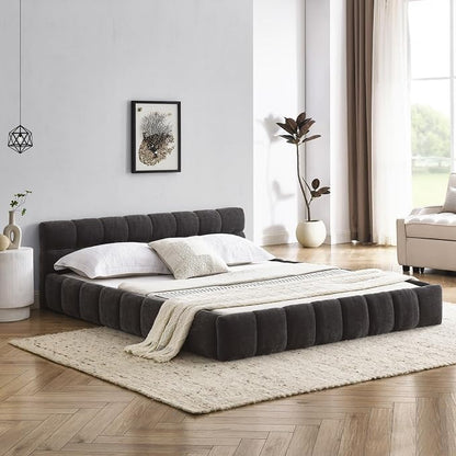 KEIKI Queen Thick Chenille Platform Bed Frame with Upholstered Tufted Headboard, Modern Solid Wood Floor Platform for Bedroom, No Box Spring Needed