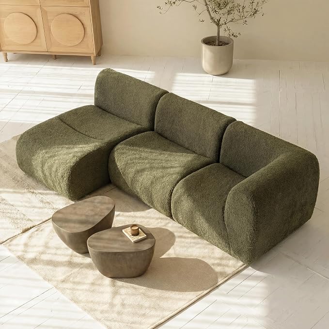 106" Curved Sectional Sofa with Chaise, Boneless 3 Seater Modular Couch, Reversible L-Shaped Couches with High-Density Foam, Modern Lounge Comfort Sherpa Sofas for Living Room – No Assembly, Green