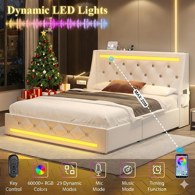 5 Pieces Queen Bedroom Set, PU Fabric Metal Bed Frame with Charge Port& LED, 6 Tier Rotating Bookshelf, Vanity Table with Sliding Light Mirror& Hair Dryer Holder, 2 Nightstands with Charge