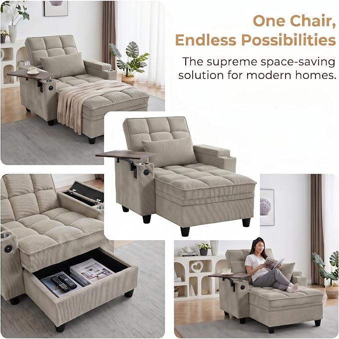 Convertible Sleeper Chair, Pull Out Sofa Bed with Adjustable Backrest & Hidden Storage Armrest, Single Sofa Recliner with USB Charging Port & Cup Holders for Living Room, Bedroom, Khaki