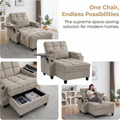 Convertible Sleeper Chair, Pull Out Sofa Bed with Adjustable Backrest & Hidden Storage Armrest, Single Sofa Recliner with USB Charging Port & Cup Holders for Living Room, Bedroom, Khaki