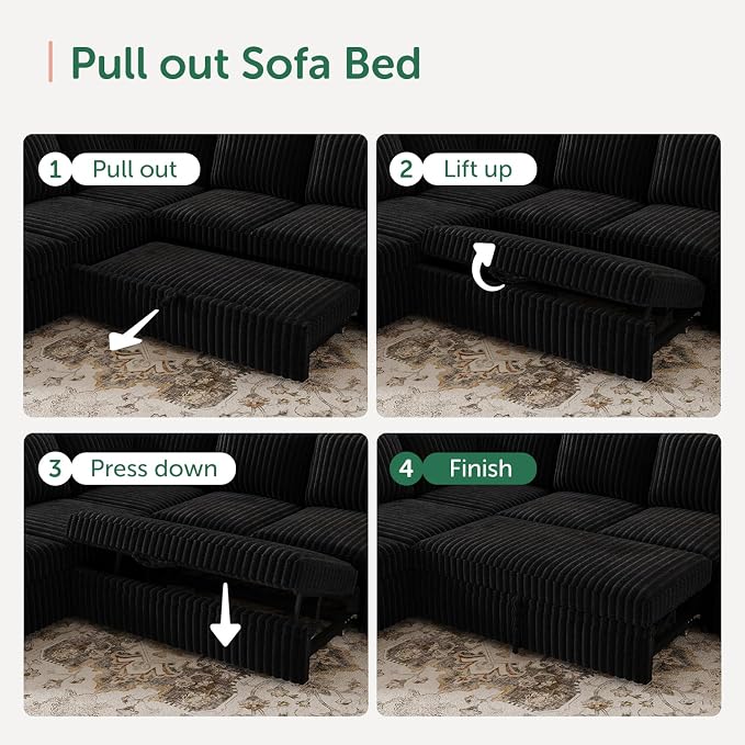 HONBAY Modular Sectional Sleeper Sofa with Pull Out Bed,Corduroy U Shaped Couch with Storage, Sectional Couches for Living Room,Black