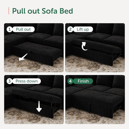 HONBAY Modular Sectional Sleeper Sofa with Pull Out Bed,Corduroy U Shaped Couch with Storage, Sectional Couches for Living Room,Black