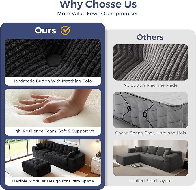 MAXYOYO 96" L Shaped Modular Sectional Sofa with Ottoman, Cloud Boneless Couch with Layered Cushion, Upholstered Sofa in a Box, Flexible Module Combination for Living Room, No Assembly, Black