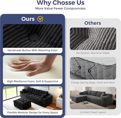 MAXYOYO 96" L Shaped Modular Sectional Sofa with Ottoman, Cloud Boneless Couch with Layered Cushion, Upholstered Sofa in a Box, Flexible Module Combination for Living Room, No Assembly, Black