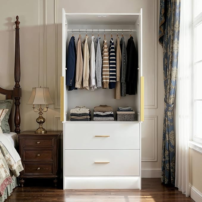 Armoire Wardrobe Closet with Mirror, Light and Fluted Doors, Tall Bedroom Armoire with Hanging Rod and 2 Drawers, White