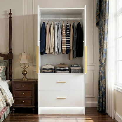 Armoire Wardrobe Closet with Mirror, Light and Fluted Doors, Tall Bedroom Armoire with Hanging Rod and 2 Drawers, White