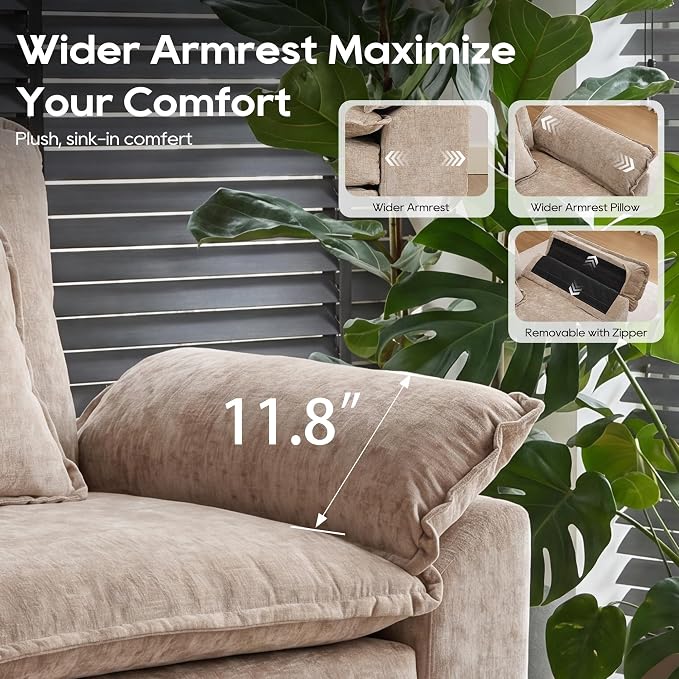 URRED Oversized Modular Sectional Sofa, 122" U Shaped Modern Comfy Cloud Couch with Movable Ottoman & Pillows, Deep Seat Couches for Living Room, Bedroom or Apartment (Chenille Khaki, 122" U Shaped)