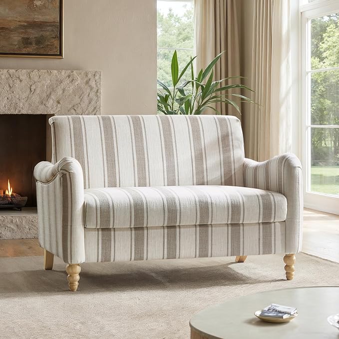 HULALA HOME 50.5" Loveseat Sofa with Stripe Pattern, 2 Seater Farmhouse Sofa with Rolled Wide Armrests and Rubber Wood Legs, Comfy Upholstered Small Couch for Living Room Bedroom, Tan