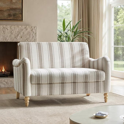 HULALA HOME 50.5" Loveseat Sofa with Stripe Pattern, 2 Seater Farmhouse Sofa with Rolled Wide Armrests and Rubber Wood Legs, Comfy Upholstered Small Couch for Living Room Bedroom, Tan