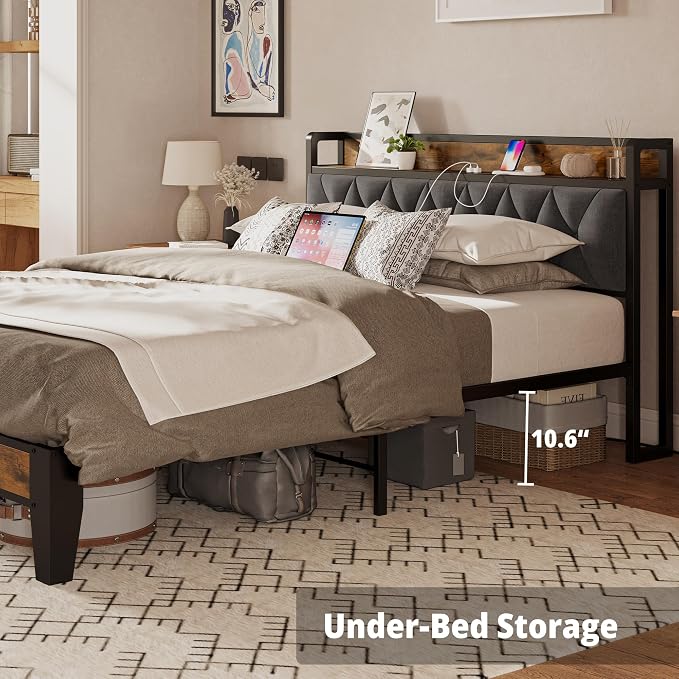 ANCTOR Full Bed Frame, Upholstered Tufted Headboard, Storage Shelves & Charging Station, No Box Springs Needed, Sturdy, Noise-Free, Modern Vintage Style