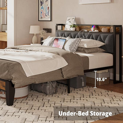 ANCTOR Full Bed Frame, Upholstered Tufted Headboard, Storage Shelves & Charging Station, No Box Springs Needed, Sturdy, Noise-Free, Modern Vintage Style