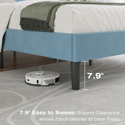 VECELO Queen Size Bed Frame with Upholstered Headboard, Heavy-Duty Bedframe with Wooden Slats & Steel Framework, Easy Assembly, Light Blue