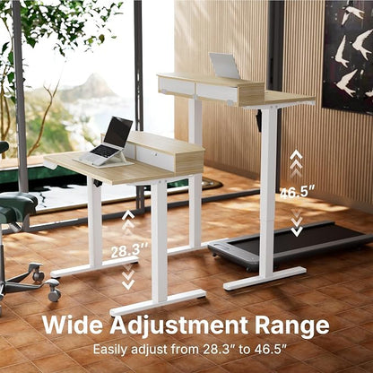 HUANUO 32" X 21" Electric Standing Desk with 2 Drawers, C-Clamp Mount Compatible, Height Adjustable Computer Desk, Home Office Stand Up Desk with 4 Preset Heights & 2 Hooks, Light Walnut
