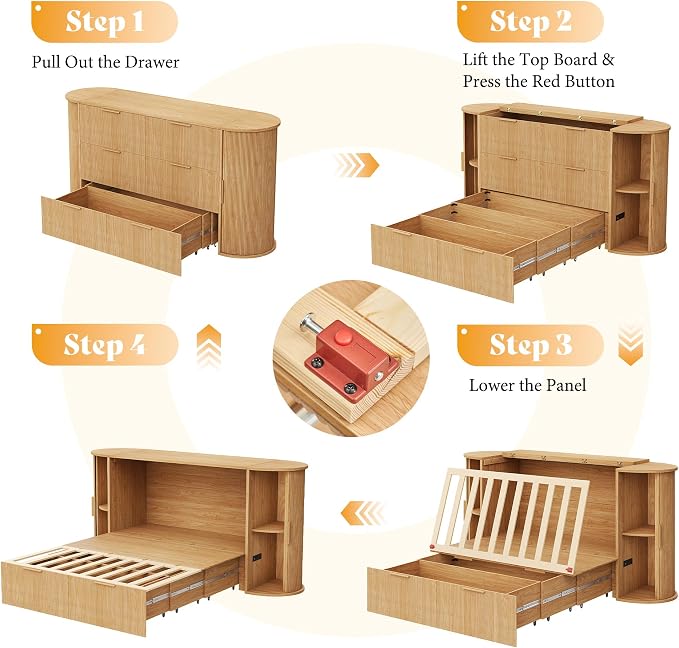 AMERLIFE Full Murphy Bed with Storage Bedside Shelves & Sliding Tambour Door, Modern Cabinet Bed with Charging Station & Curved Fluted Design for Bedroom/Guest/Home Office, Natural Oak