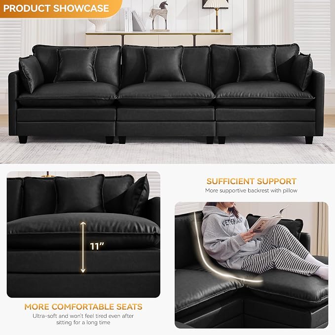111'' Sectional Cloud Deep Seat Couch, Modern Comfy Leather Modular Sectional Sofa for Living Room Set, Upholstered Modular 3-Seats Sofa Couch, Leather Black