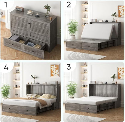 PUREMIND Queen Murphy Bed with Mattress Included, Murphy Bed Cabinet with Storage Drawer, Charging Station, Headboard, Space Saving Wall Beds for Guest Room