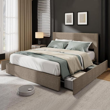 GAOMON Corduroy Queen Bed Frame with Headboard, Platform Upholstered Bed Frame with 4 Storage Drawers and Wooden Slats Support, No Box Spring Needed, Brown