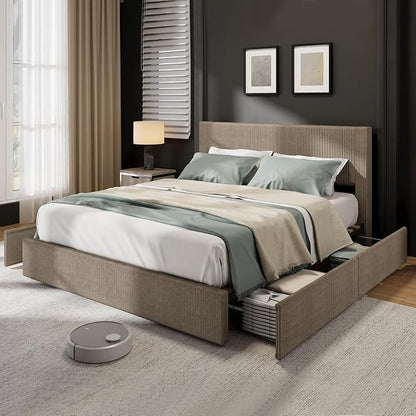 GAOMON Corduroy Full Bed Frame with Headboard, Platform Upholstered Bed Frame with 4 Storage Drawers and Wooden Slats Support, No Box Spring Needed, Brown