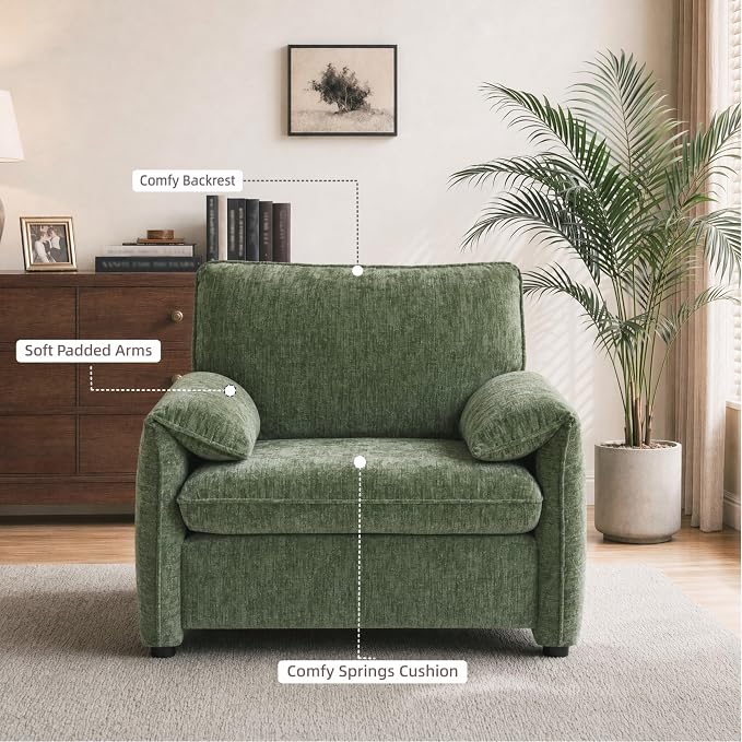 Oversized Accent Chair, 41 inch Modern Armchair for Living Room, Wide Reading Chair w/Deep Seat Springs Cushion, Padded Arms, Chenille Single Sofa Chair for Bedroom, Apartment, Green