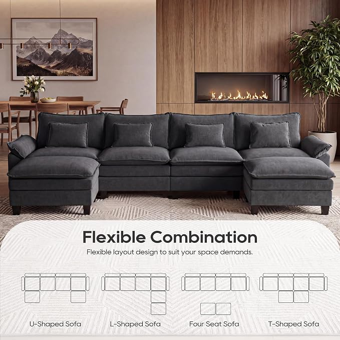 URRED Oversized Modular Sectional Sofa, 157" U Shaped Modern Comfy Cloud Couch with Movable Ottoman & Pillows, Deep Seat Couches for Living Room, Bedroom or Apartment (Velvet Grey, 157" U Shaped)