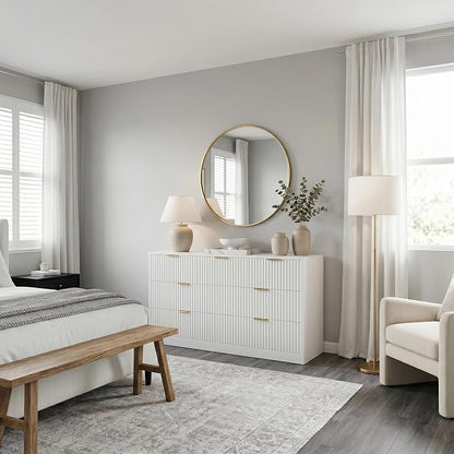 White 7 Drawer Dresser for Bedroom, 55" Wide Fluted Chest of Drawers with Gold Metal Handles, Modern Wood Dresser Closet Storage Organizer Mid Century TV Stand for Living Room Hallway