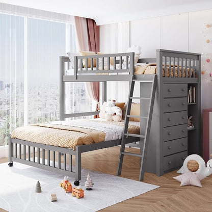 Ball & Cast Wooden Twin Over Full Bunk Bed with 6 Drawers & Flexible Shelves,Bottom Bedframe W/Wheel,Easy Assembly,Space Saving,Versatile Storage Furniture Set for Boy Girl Teen Compact Bedroom,Gray