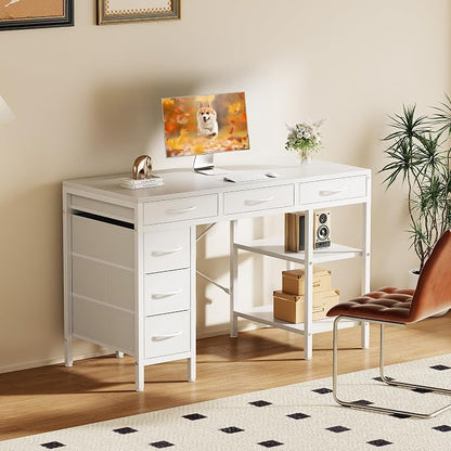 Sweetcrispy 47" Computer Desk with 6 Drawers, Home Office Gaming Desks with Storage Shelves for Bedroom, Writing Study Corner Living Room Work Table White