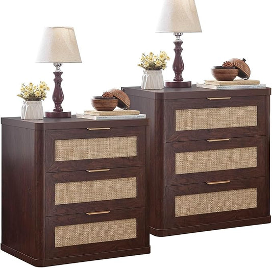 LEYAOYAO Rattan Night Stand Set of 2 with Drawers, 23" Large 3 Drawer Boho Nightstand, Walnut Bedside Table Storage Cabinet, Bed Side End Tables Dresser for Bedroom, Living Room, Hallway, Closet