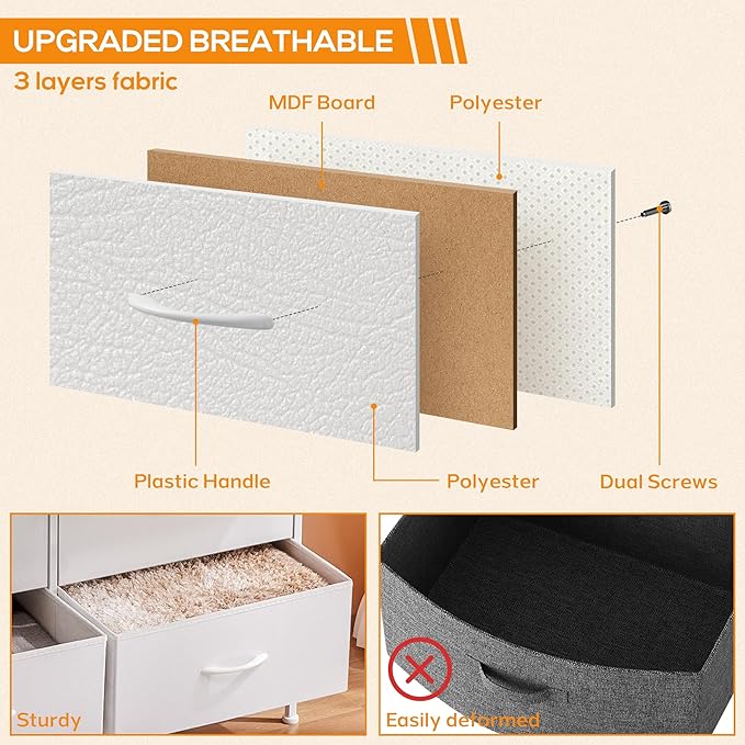 DUMOS Dresser for Bedroom, 4 Storage Drawers Tall Fabric Closet Chests | Organizer Tower Furniture with Wooden Top Metal Frame for Living Room, Hallway, White