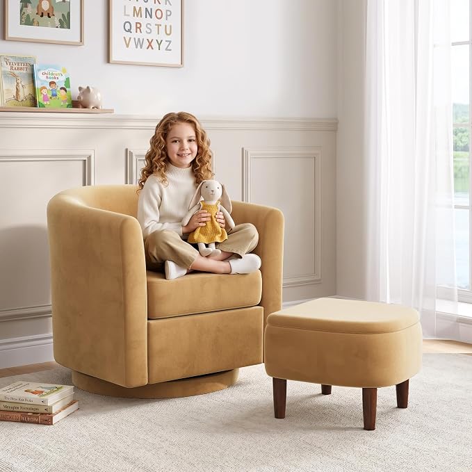 Swivel Accent Chair with Storage Ottoman Set of 2, Small Modern Velvet Barrel Chair, Upholstered Armchair with Footrest for Living Room/Reading/Bedroom, 24.8'' D x 25.38'' W x 25.6'' H, Yellow