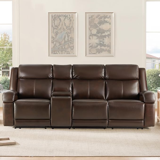 Watson & Whitely Genuine Leather Power Recliner Sofa, 3 Seater Wall Hugger Reclining Sofas with Storage Console, Power Headrest, USB, Electric Recliner Couch Set for Living Room, Dark Brown