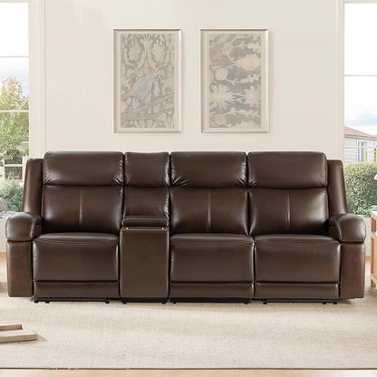Watson & Whitely Genuine Leather Power Recliner Sofa, 3 Seater Wall Hugger Reclining Sofas with Storage Console, Power Headrest, USB, Electric Recliner Couch Set for Living Room, Dark Brown