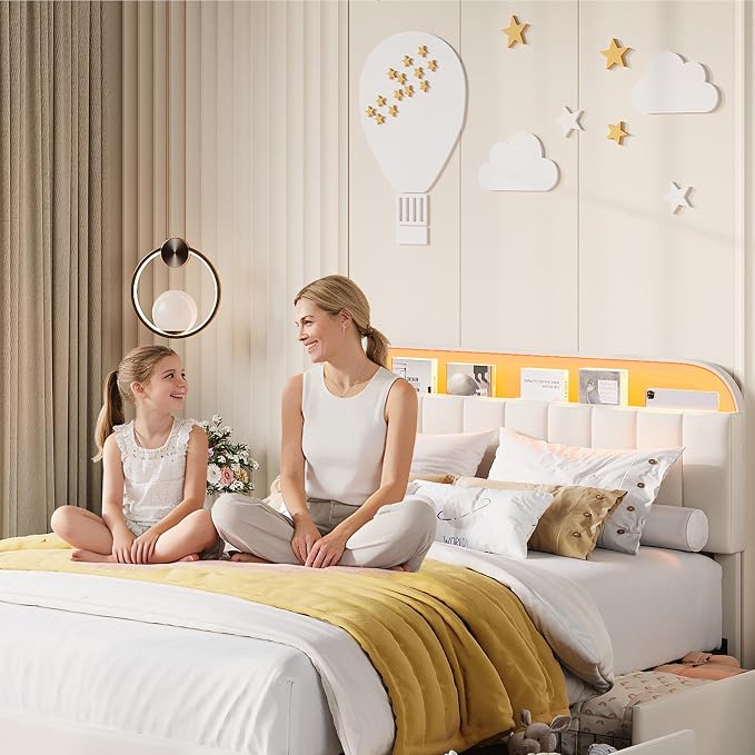 Garvee Twin XL Size Bed Frame with 2 Flexible Drawers, Velvet Upholstered Platform Bed Frame with Bookcase Headboard and LED Lights, Kids Bed for Girls, Easy Assembly, Noise Free, Beige