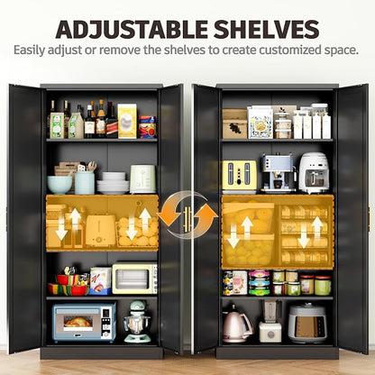 71” Tall Kitchen Pantry Cabinet, Metal Storage Cabinet with 2 Doors and 4 Adjustable Shelves for Kitchen, Living Room, Laundry Room